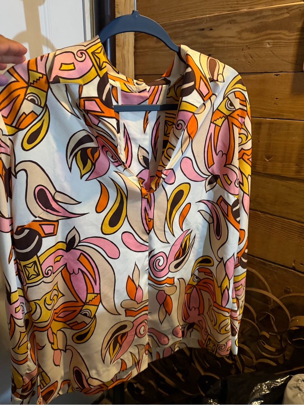 Vintage Women's Abstract Print V-Neck Blouse - Pink & Orange
